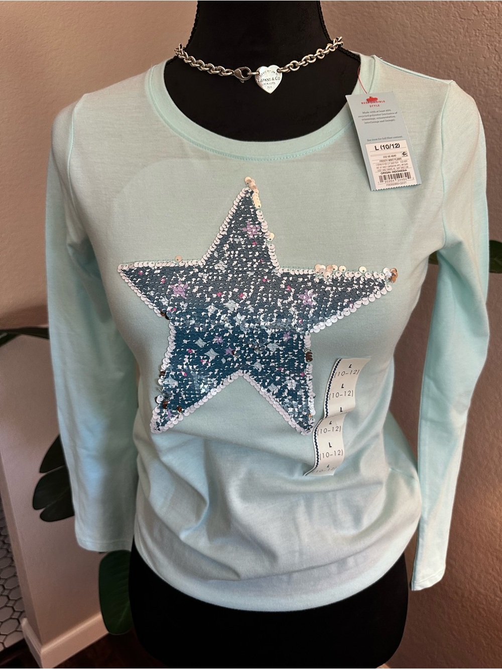Cat & Jack Girls' Light Aqua Long-Sleeve Top with Sequin Star